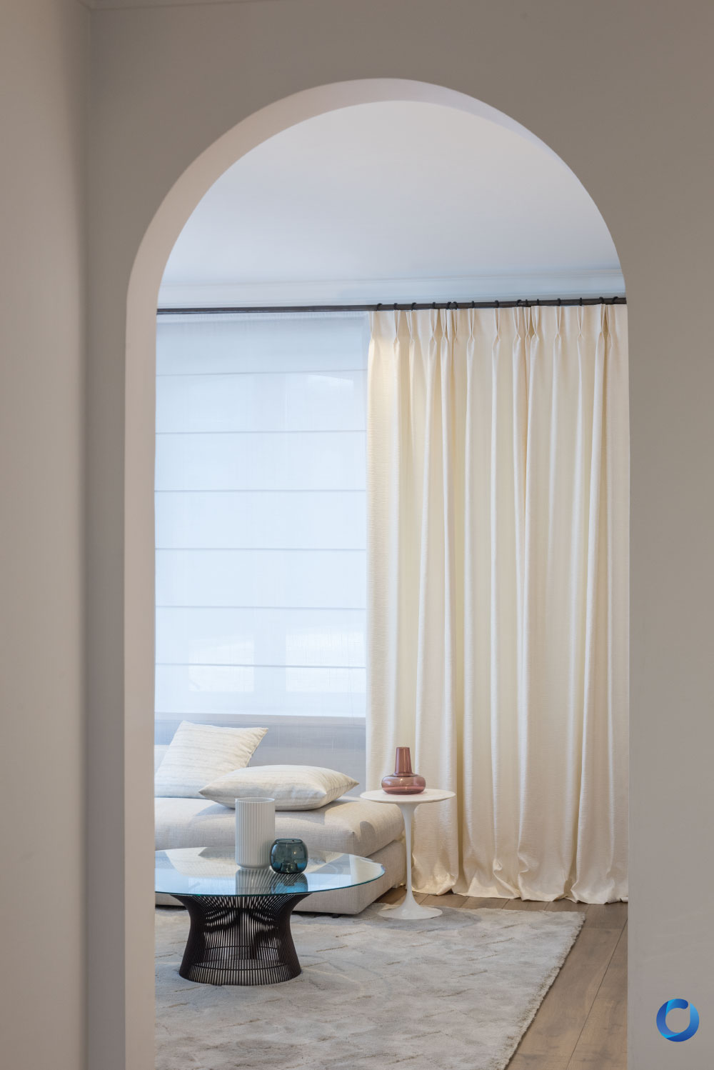 Minimalist living room with cream European curtains and sofa. Runway Collection