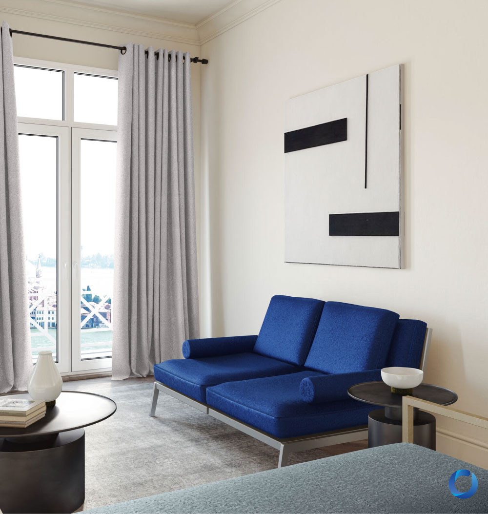 Contemporary living room with grey curtains and blue sofa. Showtime Collection
