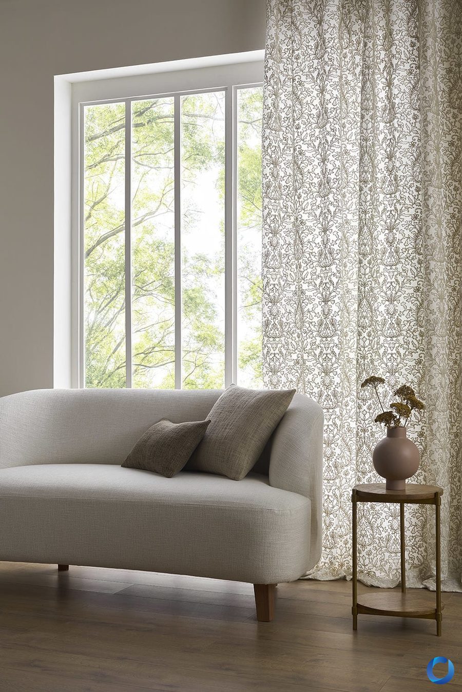 Sheer white curtains in a bright living room, Serene collection by Acacia Fabrics