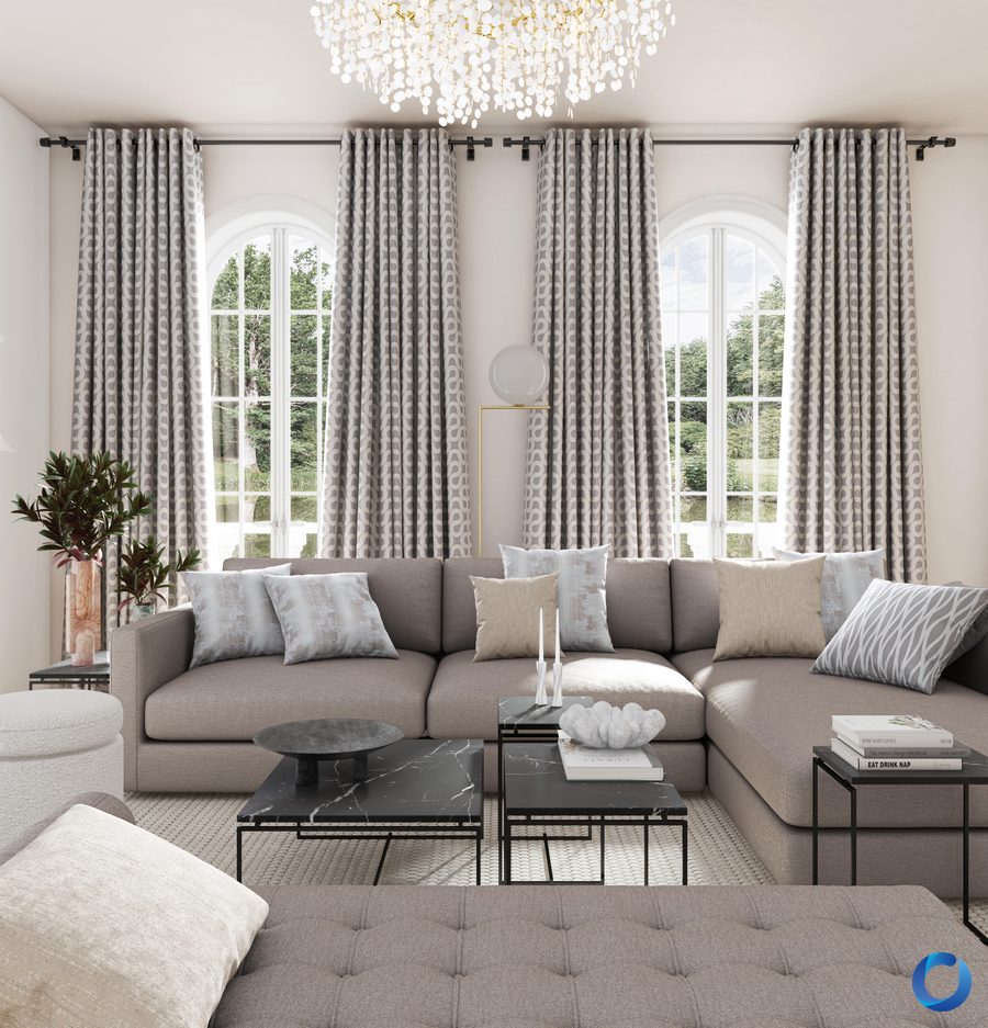 Elegant living room with textured curtains, Marmont collection by Acacia Fabrics