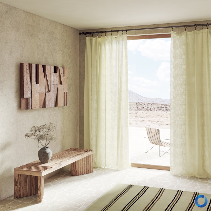Sheer white day curtains in a sunlit desert-view room, Release collection by Acacia Fabrics