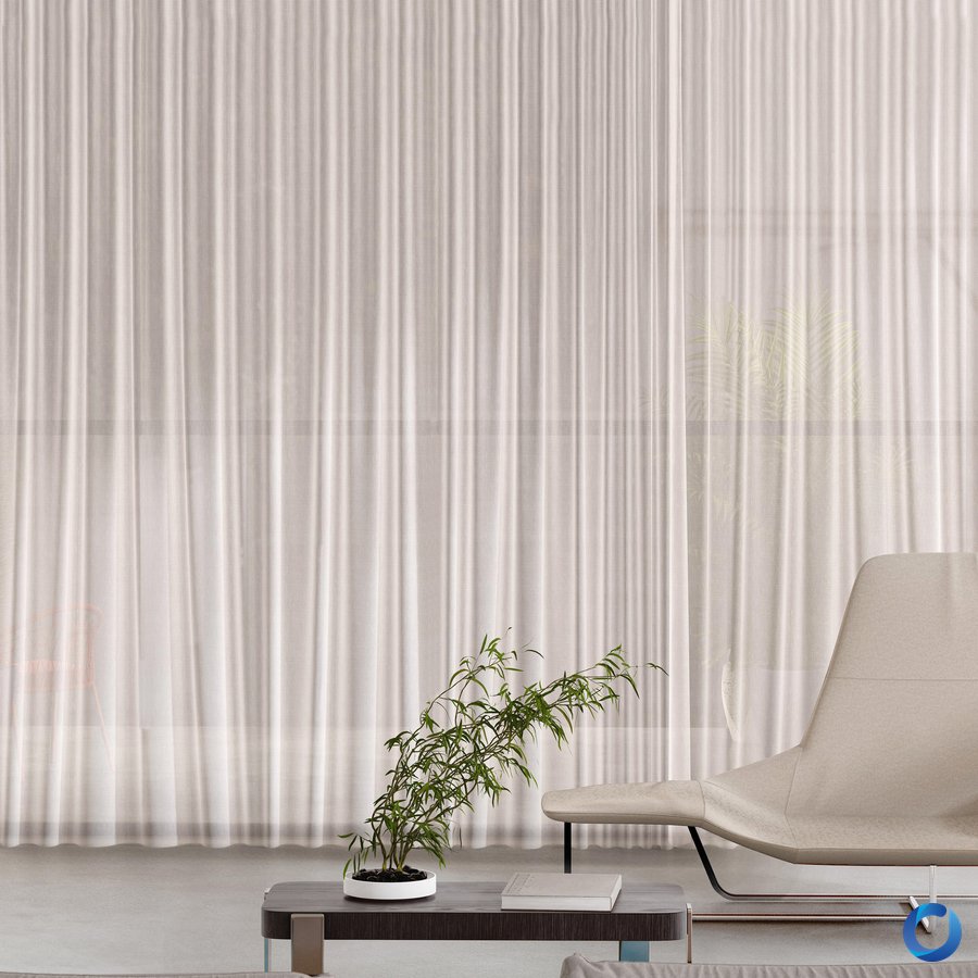 Soft white sheer curtains with flowing wave pleat in a minimalist living room, Cruiser collection