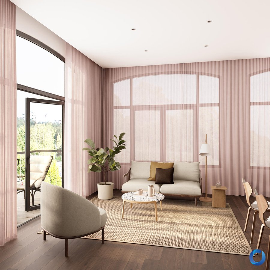 Blush pink sheer day curtains in a Scandinavian style living room, Horizon collection by Acacia Fabrics