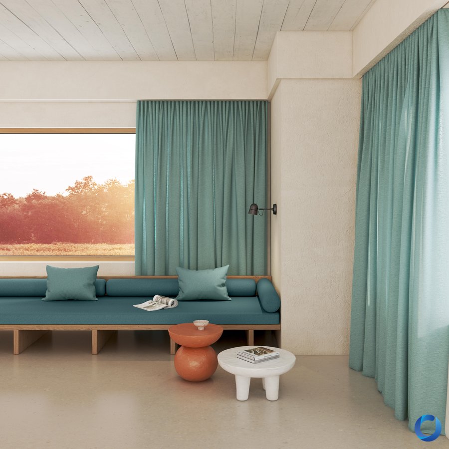 Teal green day curtains paired with matching sofa in a contemporary room, Zeal collection by Acacia