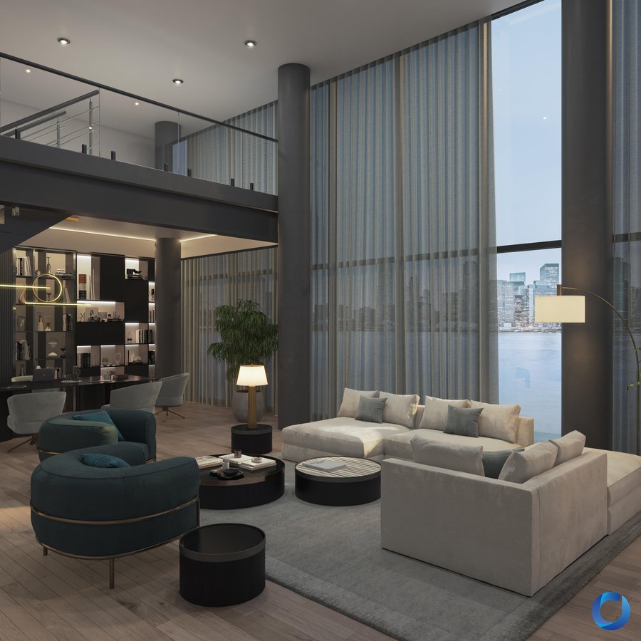 Sheer day curtains as single layer wave pleat in a luxury double-height penthouse living room, Radiant collection
