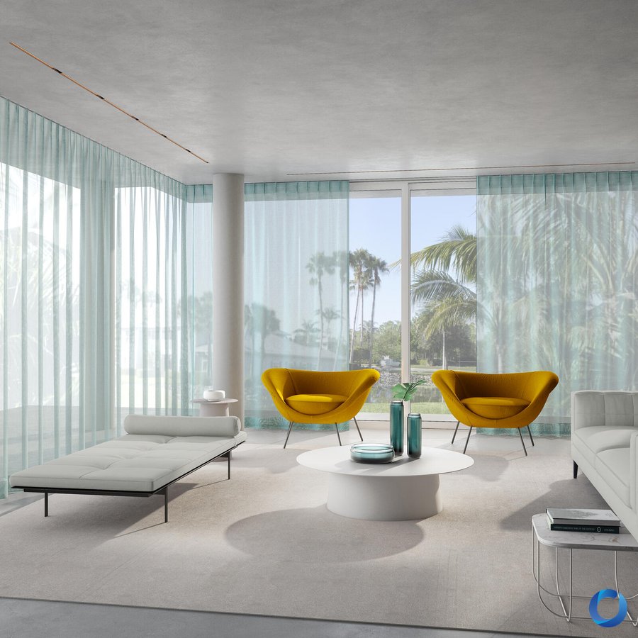 Turquoise sheer day curtains in a bright tropical living room with floor-to-ceiling windows, Twister collection by Acacia Fabrics