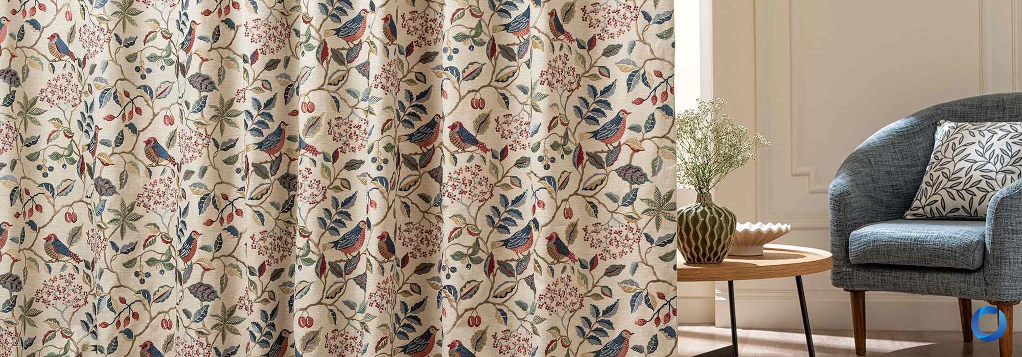 Bird and botanical print curtains in a classic living room, Thornleigh collection