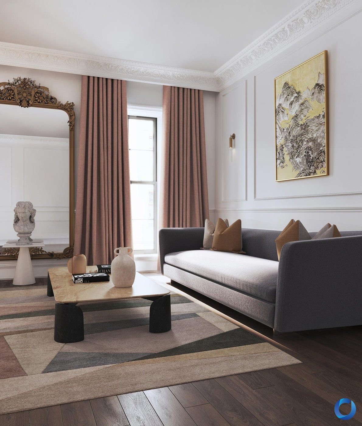 Dusty pink curtains in a living room with a charcoal sofa, mustard cushions, and a patterned area rug, Acacia Iconic collection
