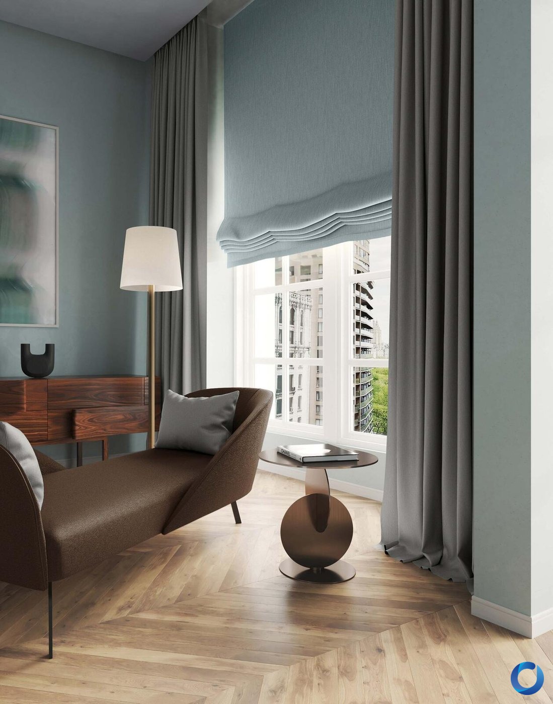 Dusty blue roman blind paired with grey curtains overlooking a city skyline, Acacia Vital collection