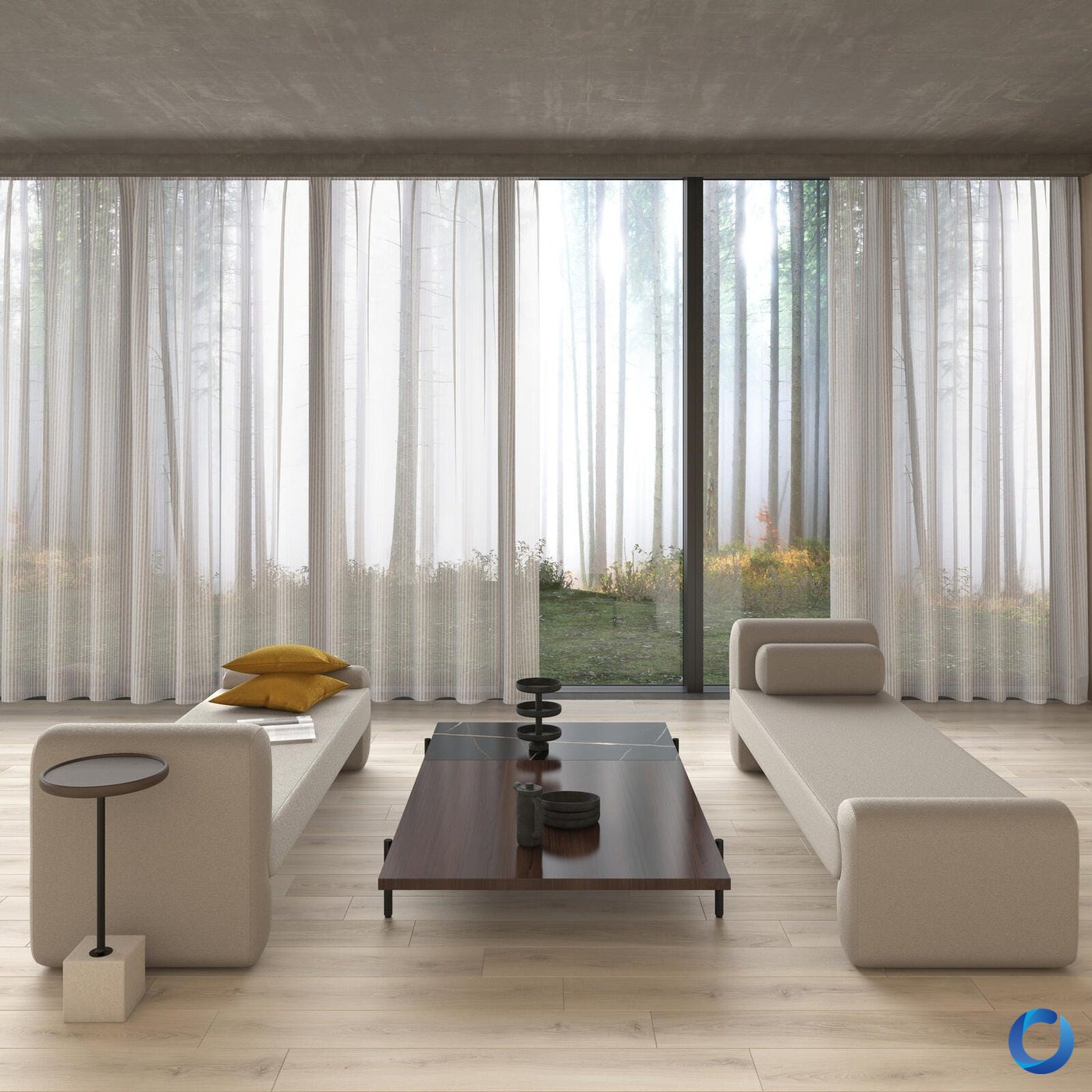 Sheer white curtains framing a forest view in a minimalist living room with beige benches, Acacia Natural Stories collection