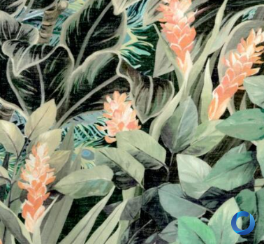Close-up of a tropical print fabric with coral ginger flowers and layered sage green palm leaves, Mokum Nightbird Sunkissed collection