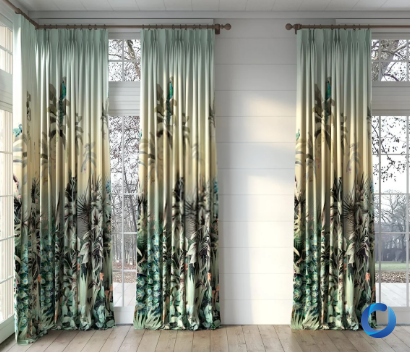 Sage green to golden ombre curtains with a tropical ginger flower and palm leaf print hanging beside a bright window with a garden view, Mokum Nightbird Sunkissed collection