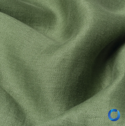 Close-up of a sage green linen-textured fabric swatch with soft natural draping, Mokum Satnin Palm Leaf collection