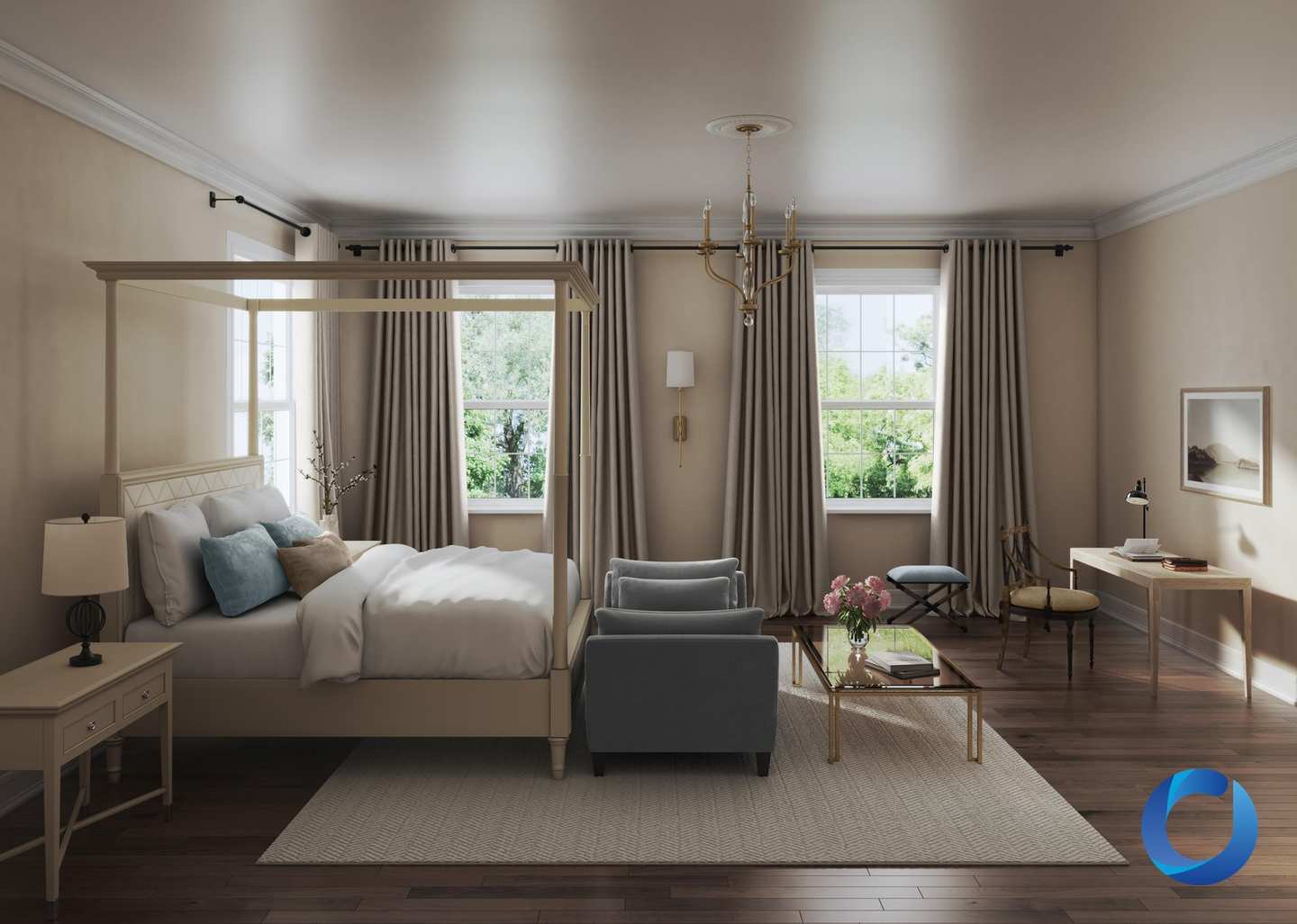 Elegant bedroom with heavy curtains, upholstered chair and rug improving acoustic comfort
