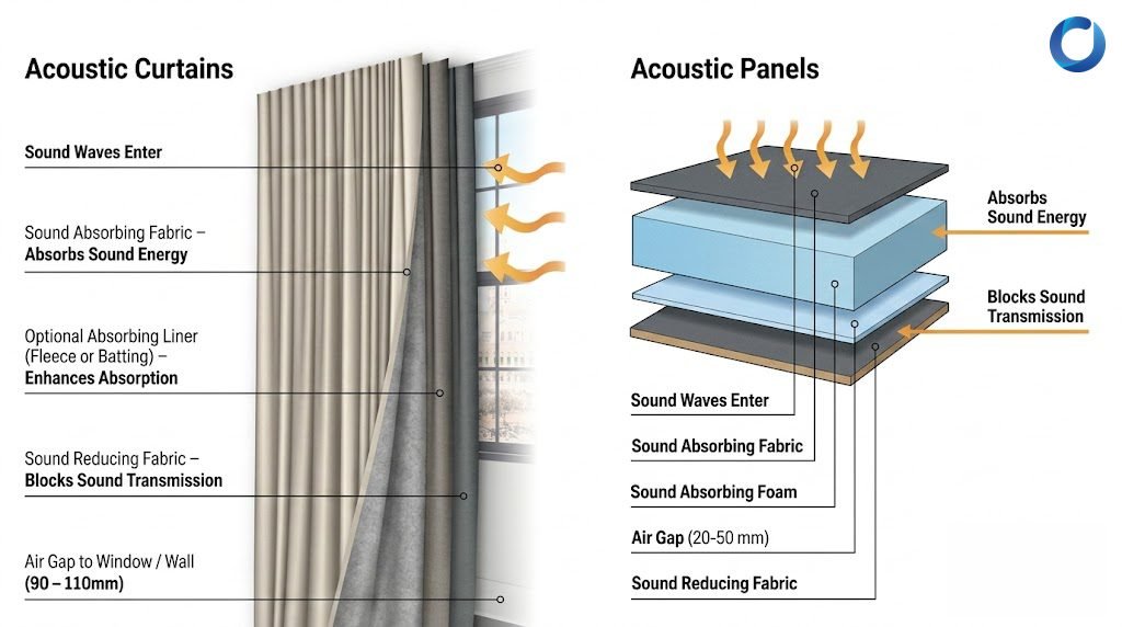 Diagram of acoustic curtain layers and fabric-wrapped acoustic panel construction