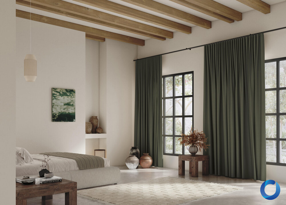 Bright bedroom with tall green Altura collection curtains for acoustic comfort