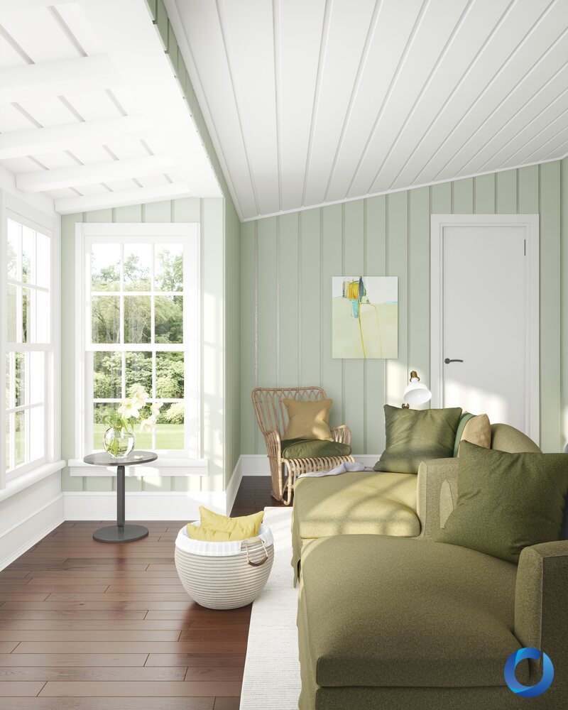 Sage-toned sunroom with an upholstered Chief collection sofa absorbing sound