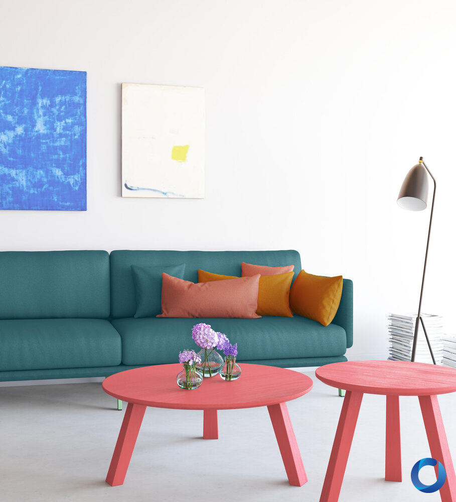Teal upholstered Cubo collection sofa in a bright minimalist room