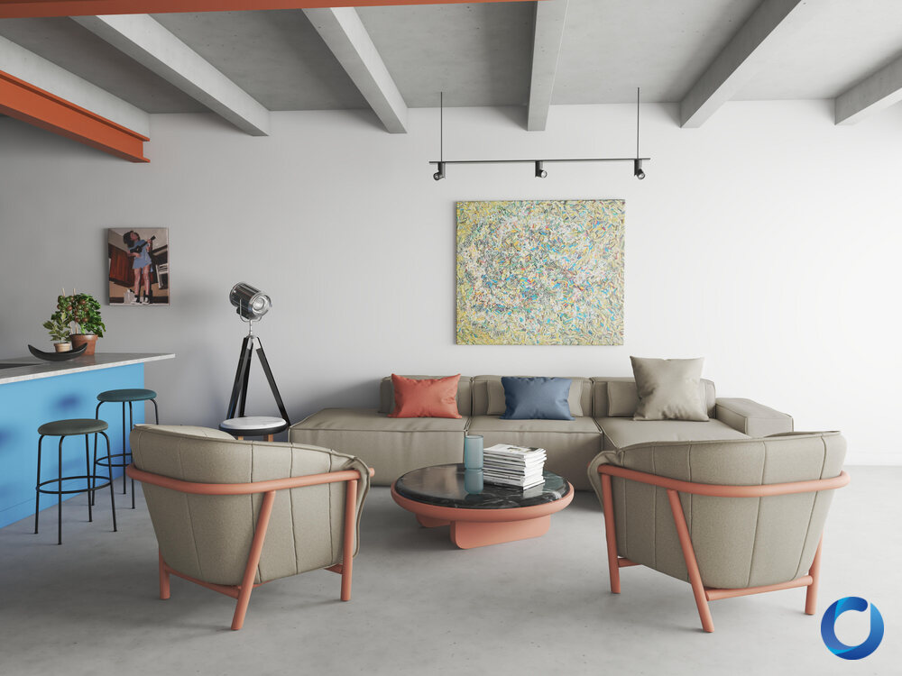 Modern loft with concrete beams and Cubo collection upholstered furniture