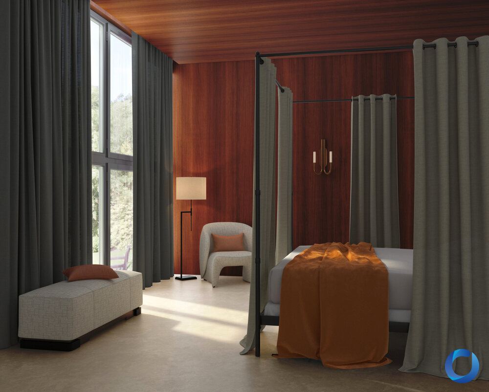 Contemporary bedroom with full-height Noblesse collection drapery softening light and sound