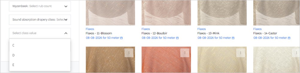 Sound absorption drapery class filter showing Class C, D and E options on the Acacia Fabrics website