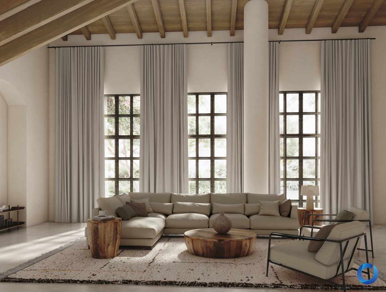 Floor-to-ceiling Altura sound absorbing curtains in a bright living room with beamed ceiling and neutral sofa