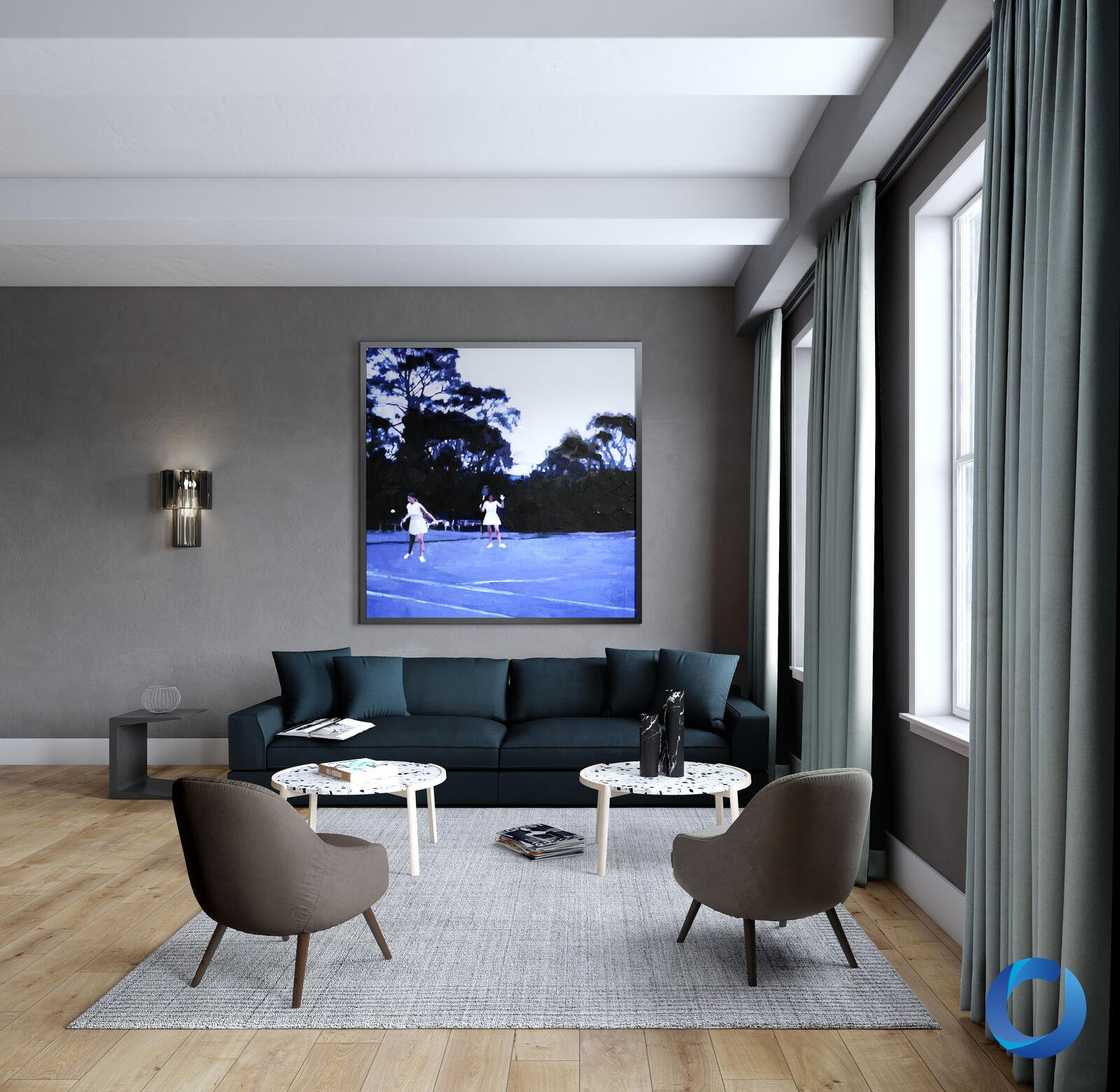 Teal Veluxe velvet sound absorbing curtains in a modern grey living room with navy sofa
