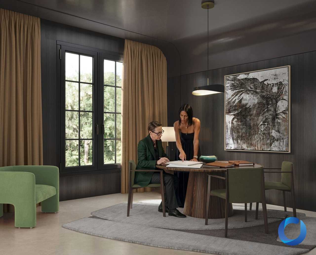 Noblesse acoustic drapery in a dark wood-panelled meeting room where two designers review fabric plans