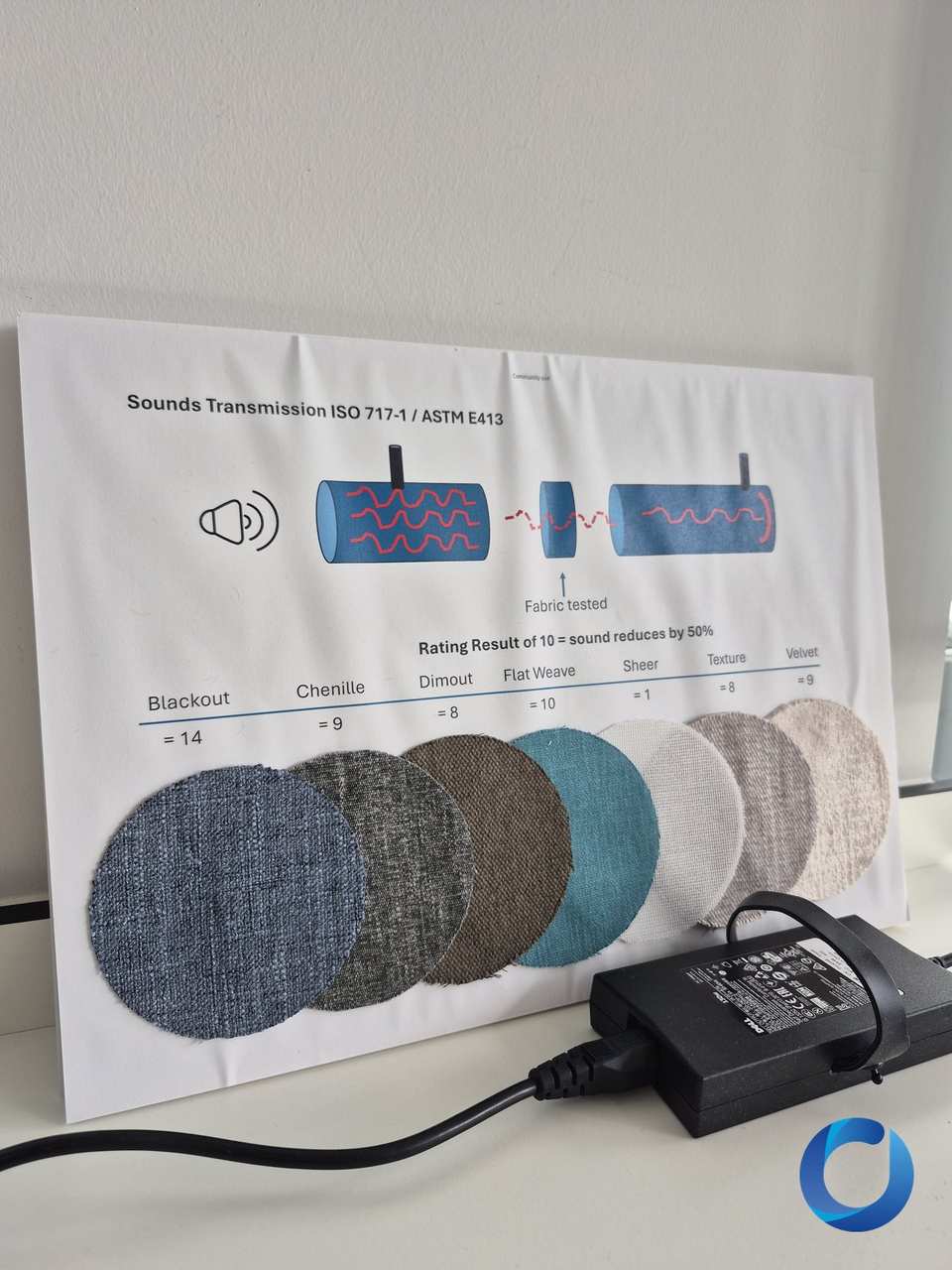 Sound transmission test board (ISO 717-1 / ASTM E413) with fabric swatches rated from sheer 1 to blackout 14