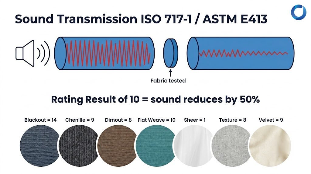 Infographic: sound transmission ratings ISO 717-1 / ASTM E413 — blackout 14, flat weave 10, velvet 9, sheer 1