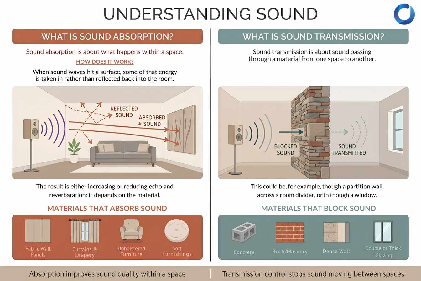 Infographic explaining sound absorption vs sound transmission with absorbing and blocking materials