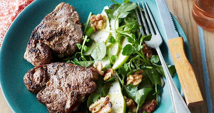 matador spiced lamb loin chops with pear and walnut salad