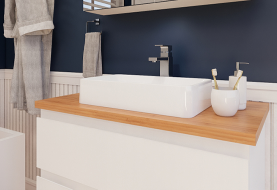 Vanity with white basin and chrome mixer
