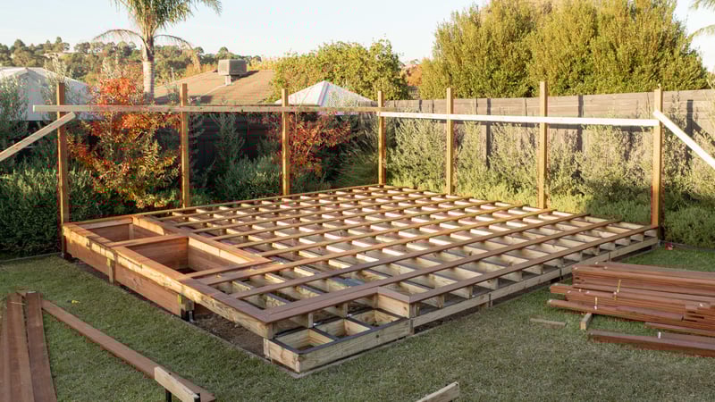 The deck boards are laid straight and evenly spaced