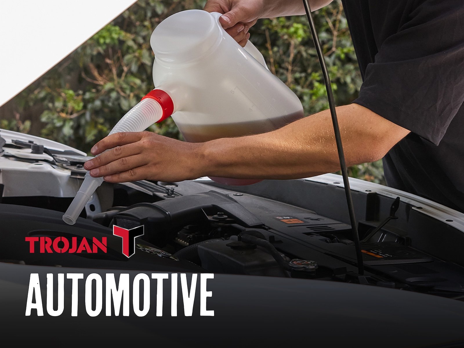 Person with a water bucket pouring water into their car radiator with "automotive" text in the foreground
