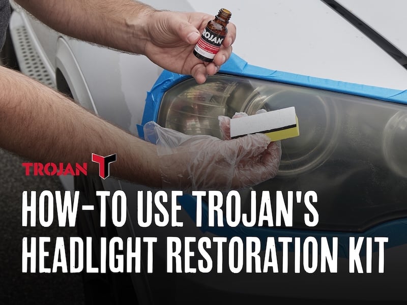 A person using Trojan headlight restoration kit in front of car headlights with the text "How-to use Trojan's headlight restoration kit" in the foreground