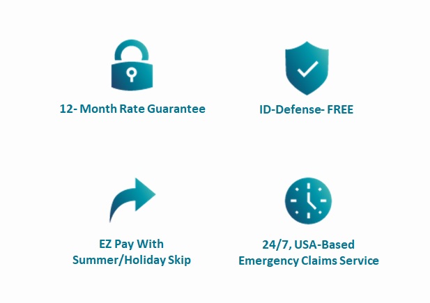 12 Month Rate Guarantee Lock, ID Defense Shield, EZ Pay Arrow, 24/7 Claims Service Clock 12 Month Rate Guarantee Lock, ID Defense Shield, EZ Pay Arrow, 24/7 Claims Service Clock
