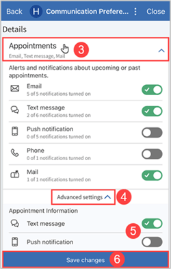 Communication preferences in the MyChart app.