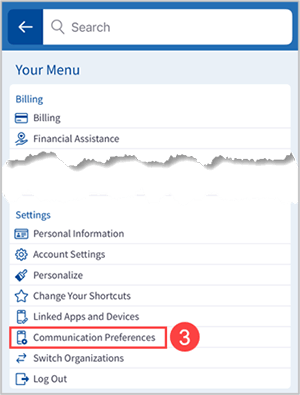 Menu screen on MyChart