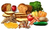 arrangement of food including, grains, vegetables, and fruits.
