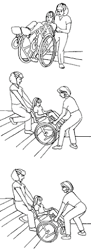 illustration of woman helping child in wheelchair navigate steps