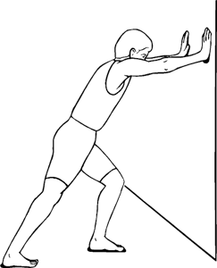 man pushing on wall to stretch 