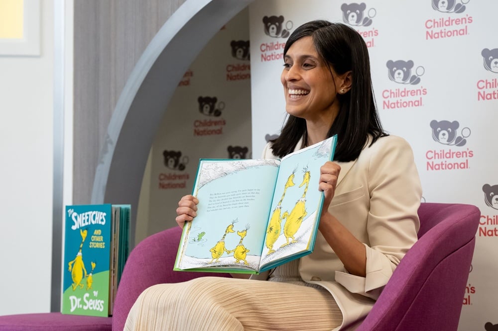 Second Lady Usha Vance reads a book to patients in the Family Resource Center at Children's National Hospital
