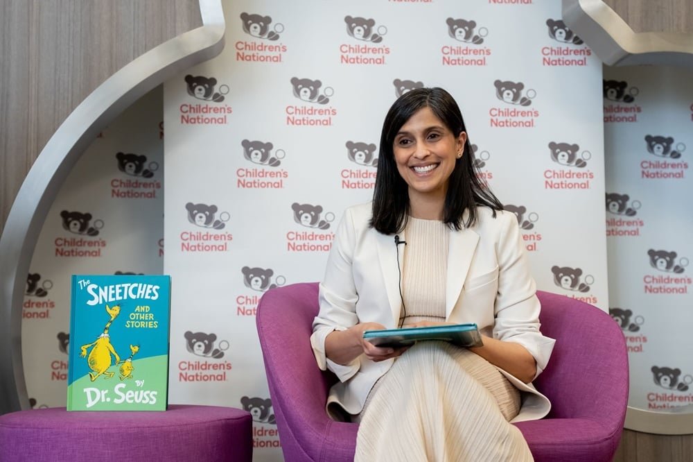 Second Lady Usha Vance reads a book to patients in the Family Resource Center at Children's National Hospital