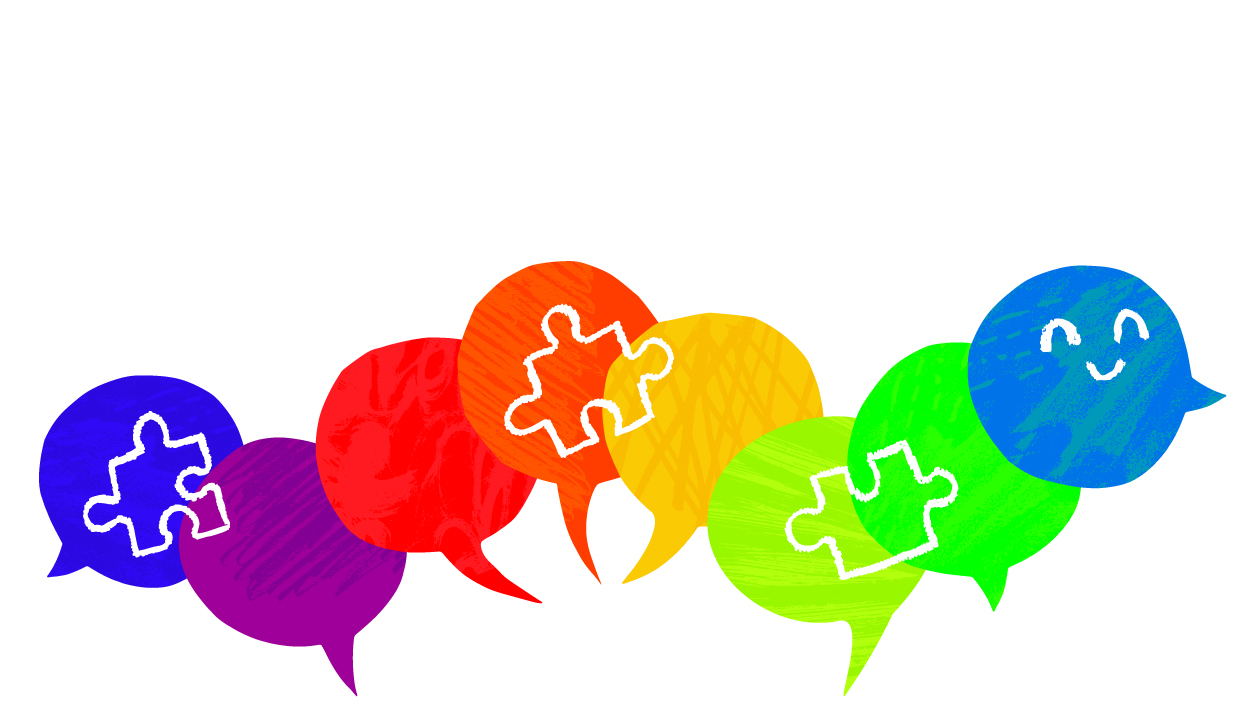 Illustration of conversation bubbles in multiple colors with autism puzzle pieces in them