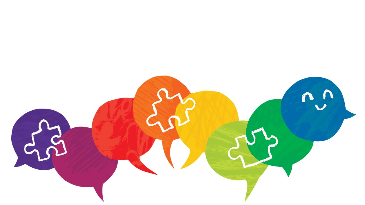 Illustration of conversation bubbles in multiple colors with autism puzzle pieces in them