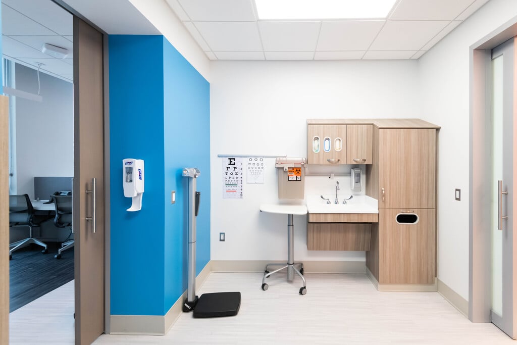 Area where patients can be weighed and given an eyesight evaluation.