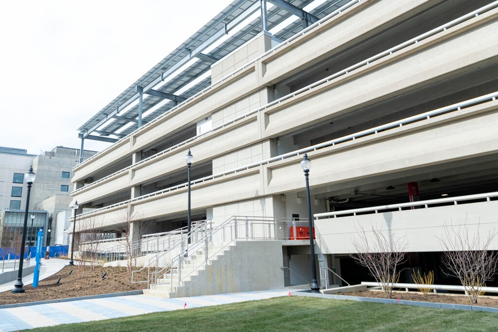 The garage at the Research & Innovation Campus offers convenient parking for visitors to the Rare Disease Institute.