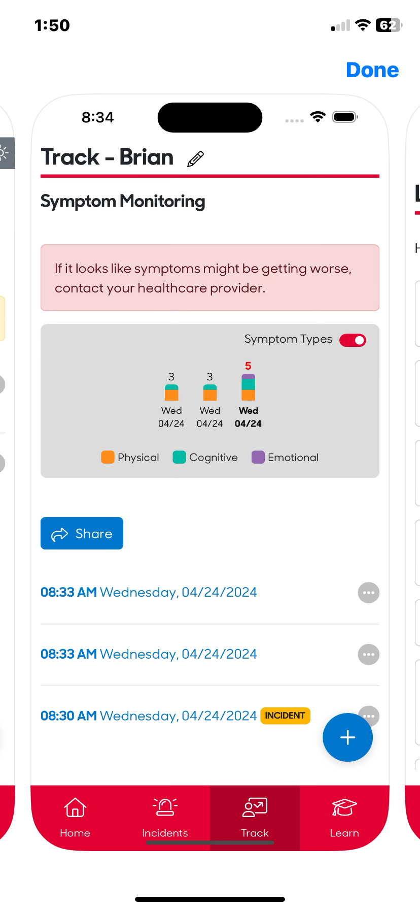 SCORE for Brain Health app symptom screen