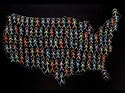 drawing of United States map with stick figure people inside